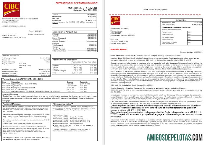 Extrato de hipoteca do banco CIBC dos EUA em formatos Word e PDF, 3 páginas 1 2 amostra